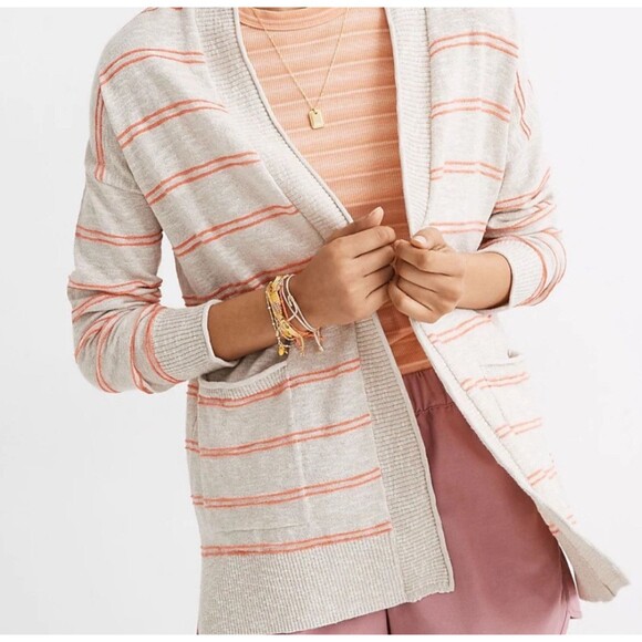 Madewell Bradley Cardigan Sweater in Textured Stripe Size XS oatmeal/coral - Picture 1 of 6